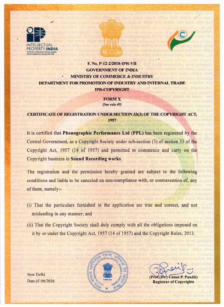 PPL Registration Certificate under Section 33(3) of the Copyright Act, 1957